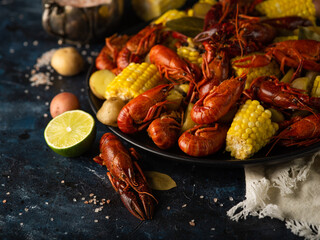 Boiled crayfish with potatoes and corn. With lemon and lime. On a dark blue table. Various recipes and recipe book