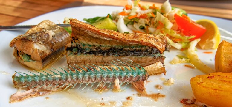 Baked garfish fish. The skeleton is green.