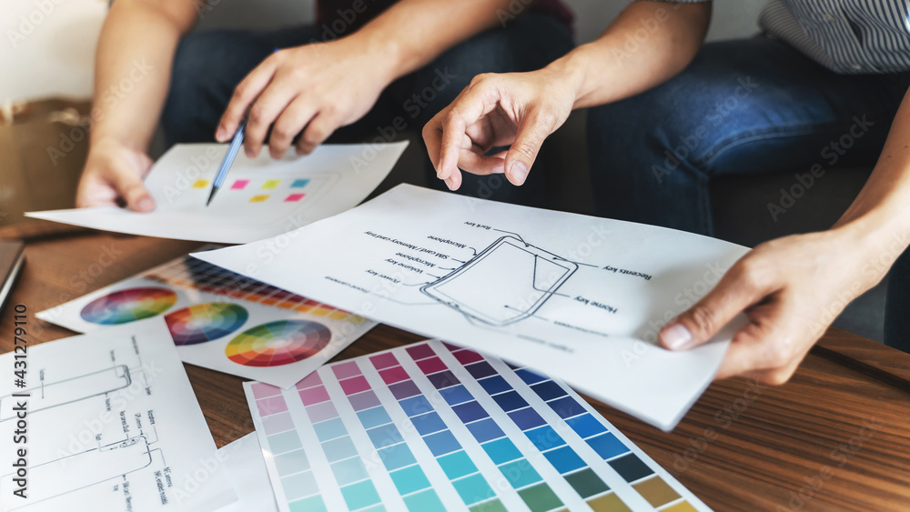 Wall mural website development ui/ux. designer brainstorming application for mobile creative digital concept