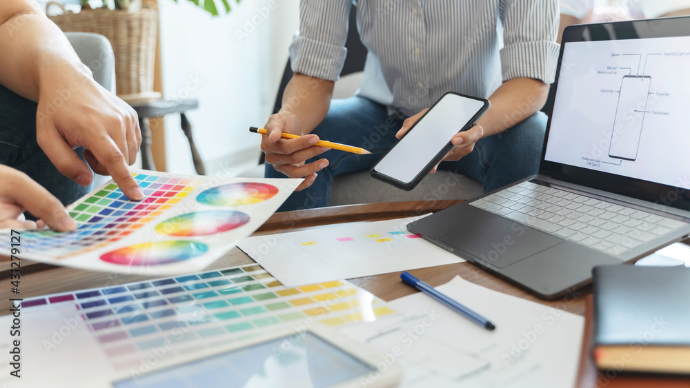 Wall mural website development ui/ux. designer brainstorming application for mobile creative digital concept