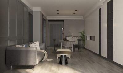 The mid century modern decoration and cozy mock up interior design of living and dining room and wall pattern background, 3D rendering