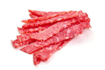 Salami smoked sausage, isolated on white background. High resolution image.
