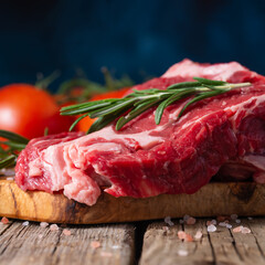 Fresh piece of beef, steak with vegetables. On a blue background.