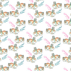 Watercolor spring seamless pattern with cute little rabbits, birds, branches and leaves. Texture for fabric, wrapping paper, postcards.