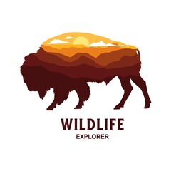Buffalo with rock Mountain background Flat illustration