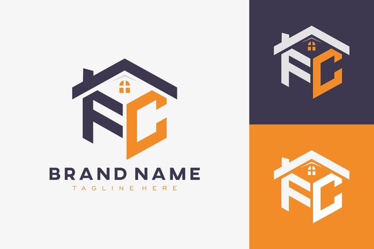 hexagon FC house monogram logo for real estate, property, construction business identity. box shaped home initiral with fav icons vector graphic template