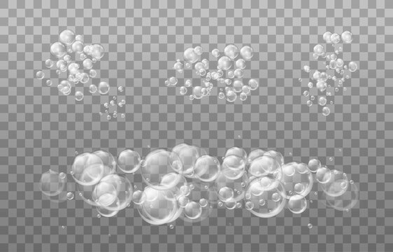 Realistic tansparent soap foam. Bubbles of soapy water. Design elements for washing powder, shampoo, skin cosmetics..Isolated on a transparent background.