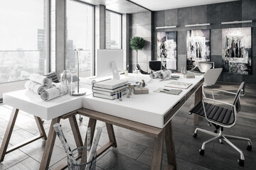 Contemporary Penthouse Office Environment - black & white 3D Visualization