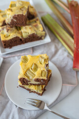 Home made rhubarb cheesecake chocolate brownie on a table