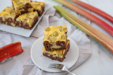 Home made rhubarb cheesecake chocolate brownie on a table