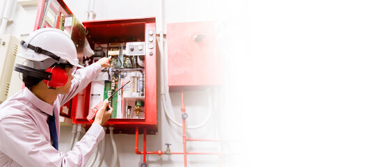 Engineer checking Industrial fire control system,Fire Alarm controller, Fire notifier, Anti fire.System ready In the event of a fire.