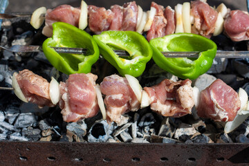 Barbecue, meat and sweet peppers are grilled on coals in the summer outdoors