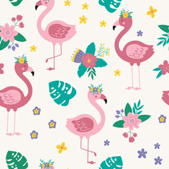 Tropical seamless pattern with floral pink flamingo. Cartoon vector background with flamingo. For the design of textiles, wrapping paper, wallpaper.