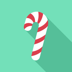 Red and white candy cane icon with long shadow on mint background. Christmas decoration element for your greeting cards, posters, prints for clothes, flyers, emblems, etc. Simple flat vector design.