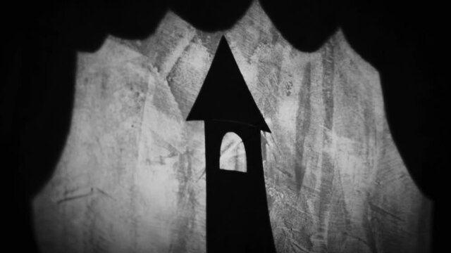 Vintage animation, shadow theatre on a wall. Pantomime, fantasy story. Halloween scene, black and white storytelling. Classic fable for children, creepy puppets.