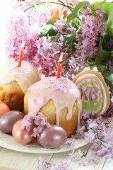 easter still life with eggs and flowers