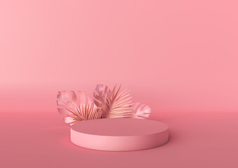 Pink podium with tropical leaves on the pink background. Podium for product, cosmetic presentation. Creative mock up. Pedestal or platform for beauty products. 3D rendering, 3D illustration.