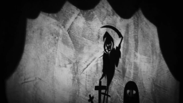 Vintage animation, shadow theatre on a wall. Pantomime, fantasy story. Halloween scene, black and white storytelling. Classic fable for children, creepy puppets.