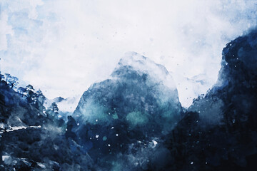 Abstract painting of mountain peak with covered snow against blue sky