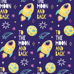 Seamless cute cartoon space pattern with spaceship, planets, stars, moon, comet, Saturn, constellation