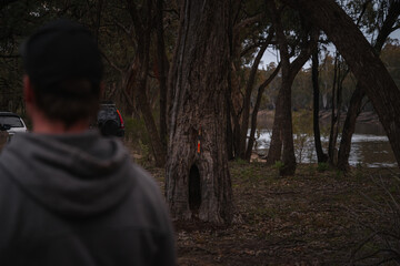 Fototapeta premium Rearview of Man Throwing axe to a Tree in a Riverside. Lifestyle and Nature Concept