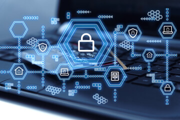 Cyber security network. Padlock icon and internet technology networking and purchases from online stores