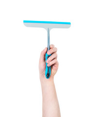 Man's arm raised holding a squeegee. Hygiene concept. Isolate on white background.