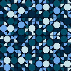 The decor of the figures is blue. Abstract vector and geometric shapes. Sea blue pattern. Circles and quarters ornament.