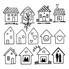 Hand drawn doodle houses set. Vector illustration isolated on a white background. Various small tiny home. Single family houses. Sketch home in cartoon style. Line simple village houses for logo icon.
