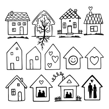 Hand Drawn Doodle Houses Set. Vector Illustration Isolated On A White Background. Various Small Tiny Home. Single Family Houses. Sketch Home In Cartoon Style. Line Simple Village Houses For Logo Icon.