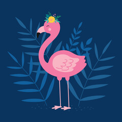 Floral pink flamingo. Flamingo bird and tropical leaves. Vector hand-drawn color children's illustration. Baby print. Good for posters, textiles, t shirts.