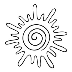 Hand drawn spiral shinny sun. Dynamic positive blot spot. Shrovetide or Mardi Gras symbol. Vector illustration in a doodle style. Black outlines isolated on a white background. 