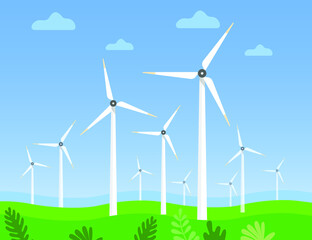 Fototapeta premium Windmill, wind energy, wind power plant, electricity production and solar power concept vector design