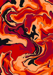 Fluid art texture. Abstract background with swirling paint effect. A4. Liquid acrylic picture that flows and splashes. Mixed paints for interior poster. brown, orange and red iridescent colors
