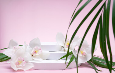 White geometric shapes podium for product display on pink background with orchid flowers and palm leaves. Monochrome stage, stand for product promotion in minimal style. 