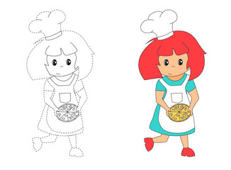 Girl in a cook's hat with pizza. Coloring book for children. The practice of handwriting. Education Development Worksheet. Activity page.