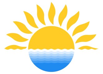 Sonnenaufgang oder Sonnenuntergang vektor Symbol mit Wasser Horizont auf einem weißen isolierten Hintergrund.