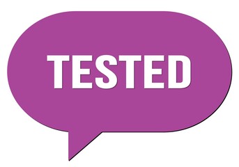 TESTED text written in a violet speech bubble