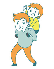 おんぶをしている親子のシンプルなパステルカラーベクターイラスト　パパ　息子　親子