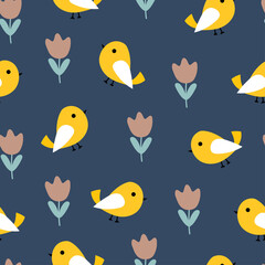 Cute seamless pattern with cartoon flowers and birds for fabric print, textile, gift wrapping paper. colorful vector for kids, flat style