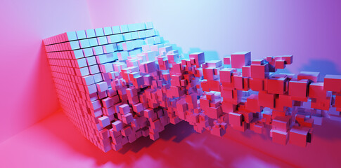 Abstract cubes flow in neon light background.