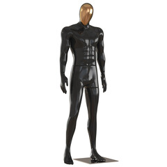 Fototapeta premium A black male mannequin with a golden insert on his face stands in a relaxed position on a white background. 3d rendering