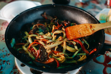 frying pan with meat wok 