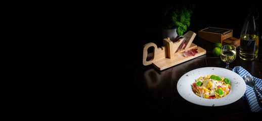 Tagliatelle with gorgonzola masarpone sauce and ham.