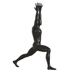 The black male glossy mannequin stands by making a lunge with his foot forward and holding his hands over his head. Yoga asana. 3d rendering