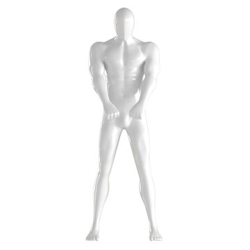 White male faceless mannequin stands holding hands in claps in front of him on an isolated background. 3d rendering