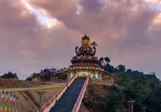 View of A Huge metallic statue of Chenrezig  at Sangha Choeling, Pelling,Sikkim. India. The Chenrezig Shingkham project is coming up as an iconic pilgrimage tourism destination.