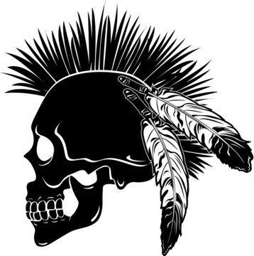 native american skull with mohawk hair and feathers