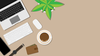Top view of a desk with a laptop, , notebooks, coffee cup, and mobile phones vector with copy space, isolated on wood background,  Vector Illustration EPS 10
