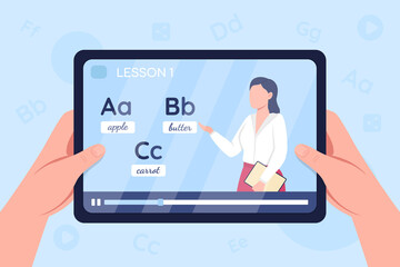 Hands hold tablet with video on english learning class flat color vector illustration. Online tutorial, internet lecture. Teacher 2D cartoon character with language alphabet to study on background